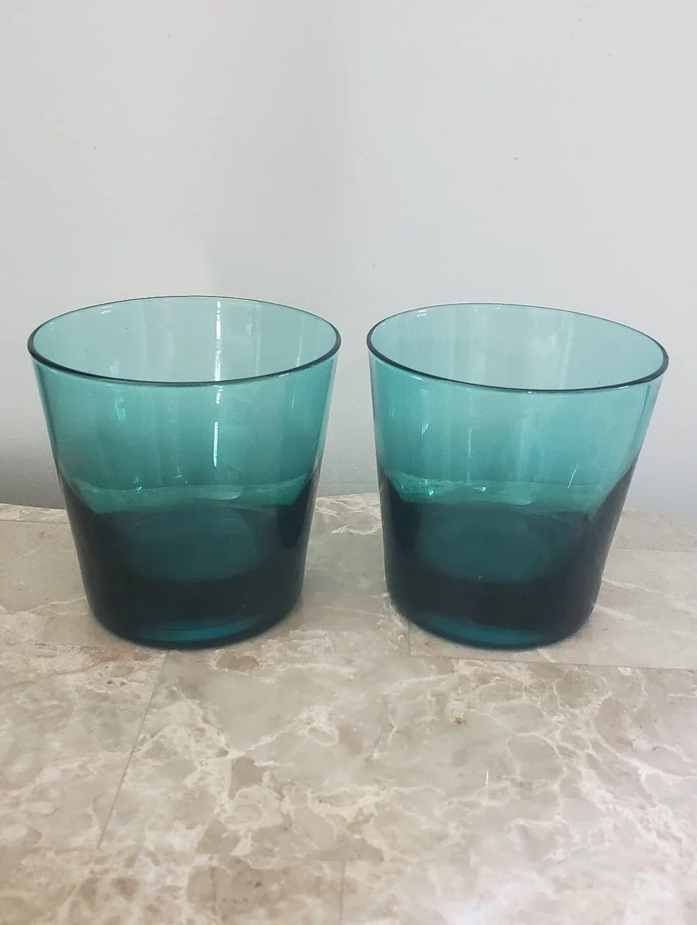 Vintage 2 Peacock Blue Glasses Tapered Lowball Tumbler Barware 8 oz